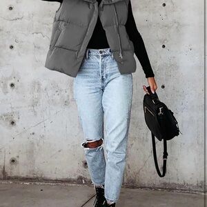 Gray Puffer Vest with Black Long Sleeve Top